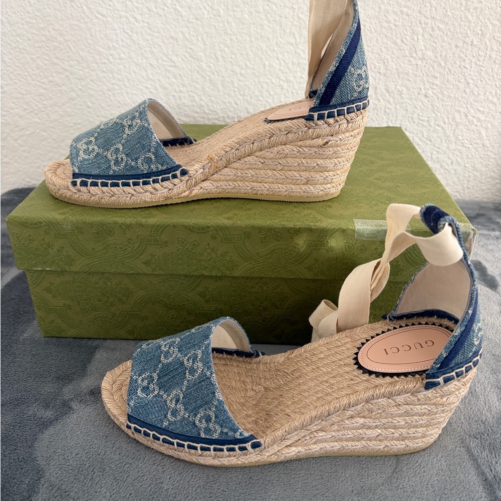 Gucci Blue Denim Monogram Espadrille Wedge Sandals with Cream Ankle Ties - Picture 6 of 11